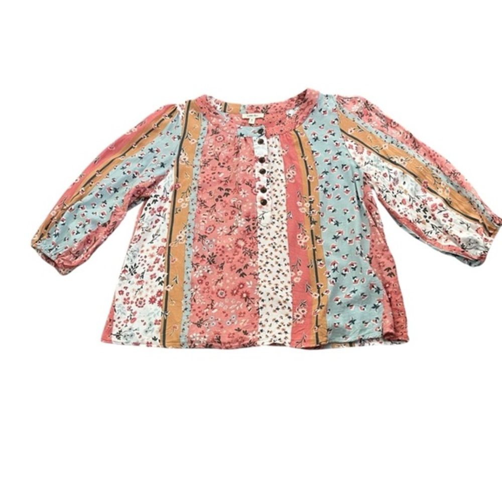 Como Blu Pink White Floral Bubble Sleeve Tunic Top Women's Size M
